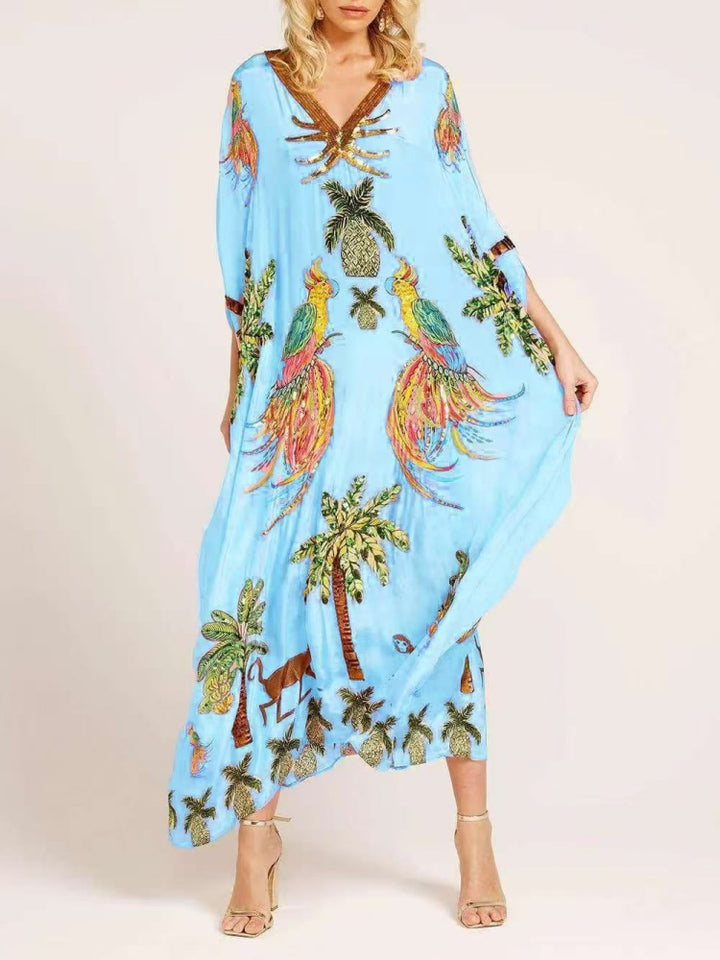 Sequin Tropical Print Kaftan Maxi Dress