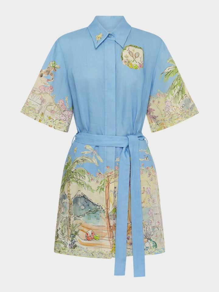 Vintage Marine Print Cotton Linen Shirt Dress - Tie Waist Nautical Mini Dress