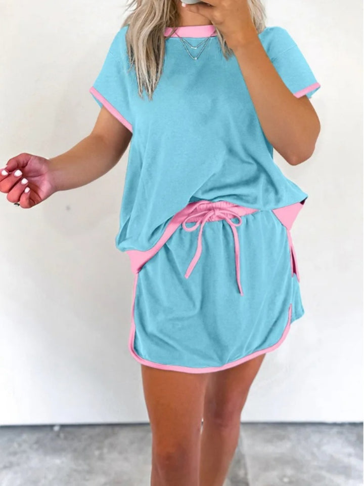 Contrast Trim Short Sleeve Top &amp; Mini Skirt Two-Piece Set