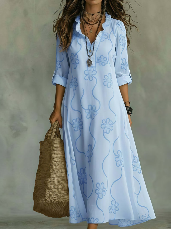 Ruffle V-Neck Floral Print Maxi Dress