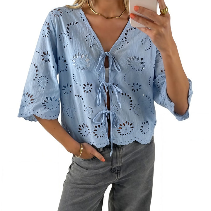 Eyelet Embroidery Tie-Front Crop Blouse