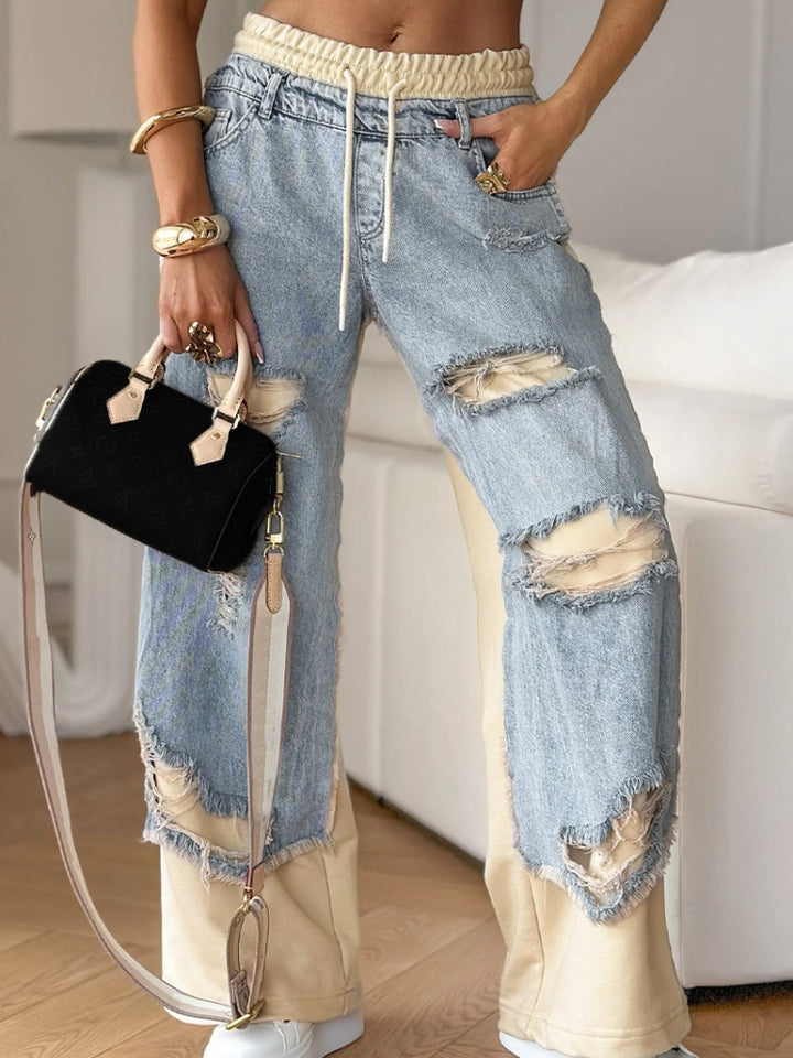 Ripped Contrast Panel Wide Leg Jeans