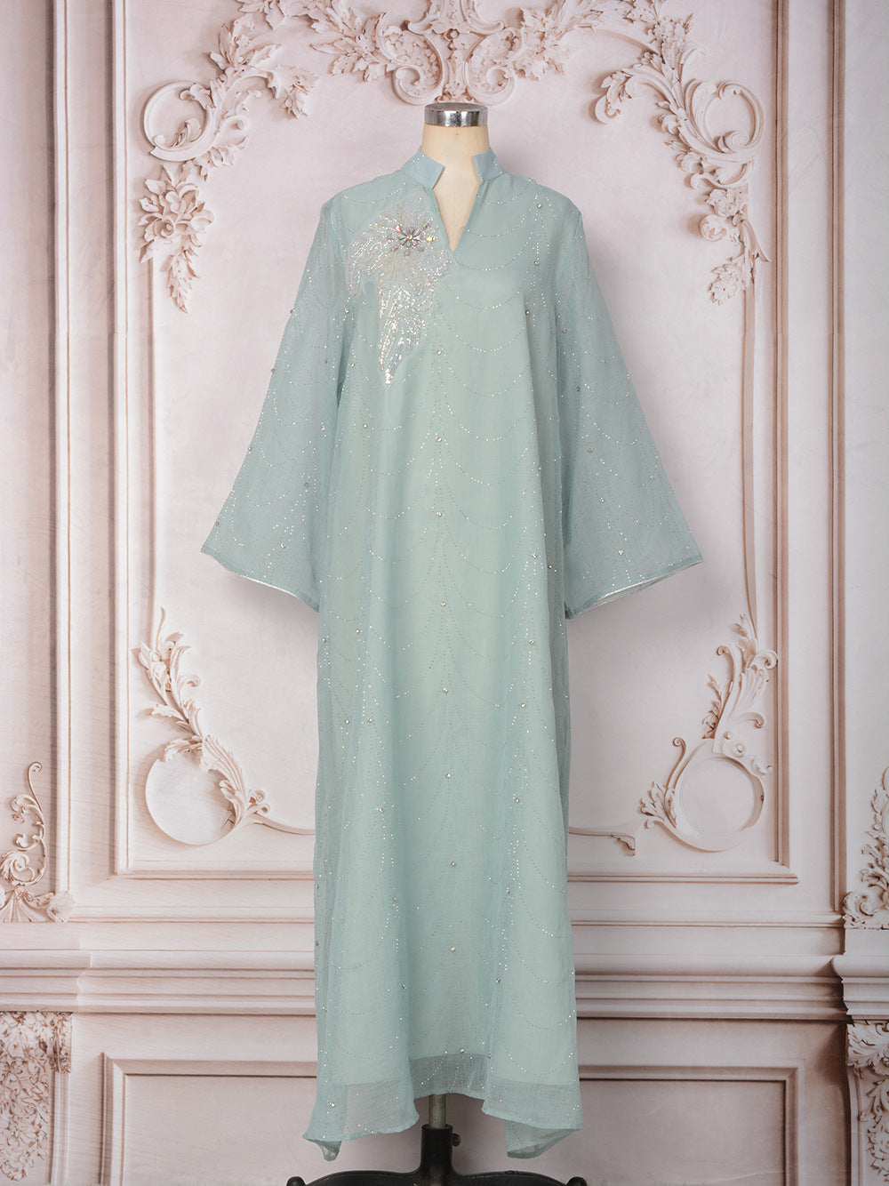 Crystal &amp; Floral Applique Embellished Abaya Maxi Dress