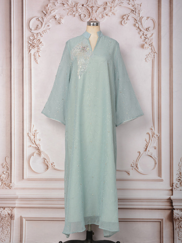 Crystal &amp; Floral Applique Embellished Abaya Maxi Dress