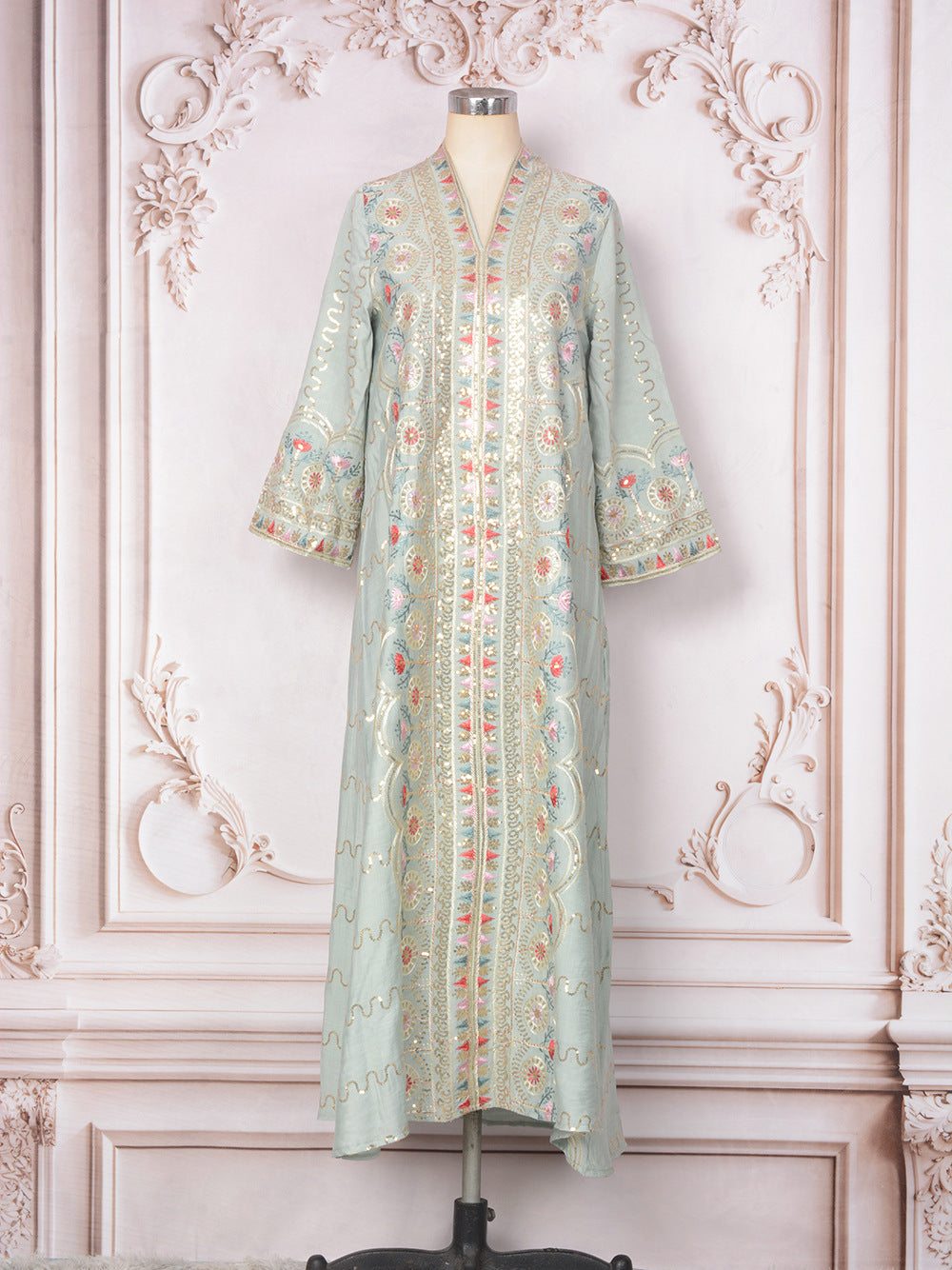 Floral Embroidered Sequin-Trimmed Abaya Maxi Dress