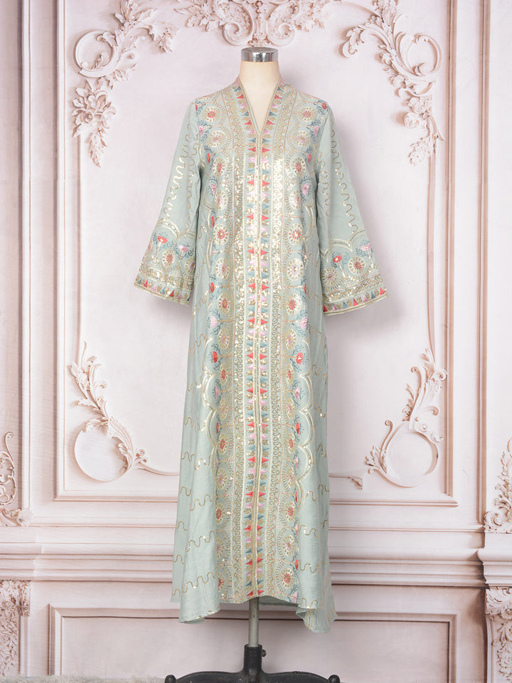 Floral Embroidered Sequin-Trimmed Abaya Maxi Dress