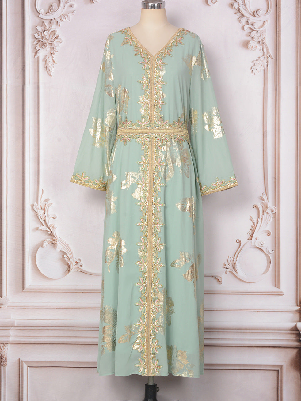 Gold Foil Floral Embroidered Abaya Maxi Dress