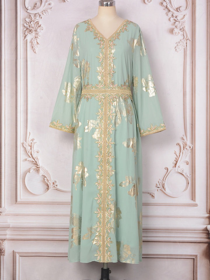 Gold Foil Floral Embroidered Abaya Maxi Dress