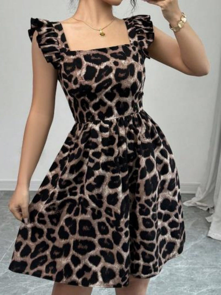 Square Neck Ruffled Sleeve Print Mini Dress