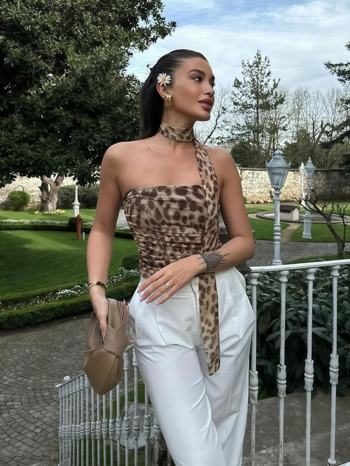 Leopard Print Halter Ruched Crop Top