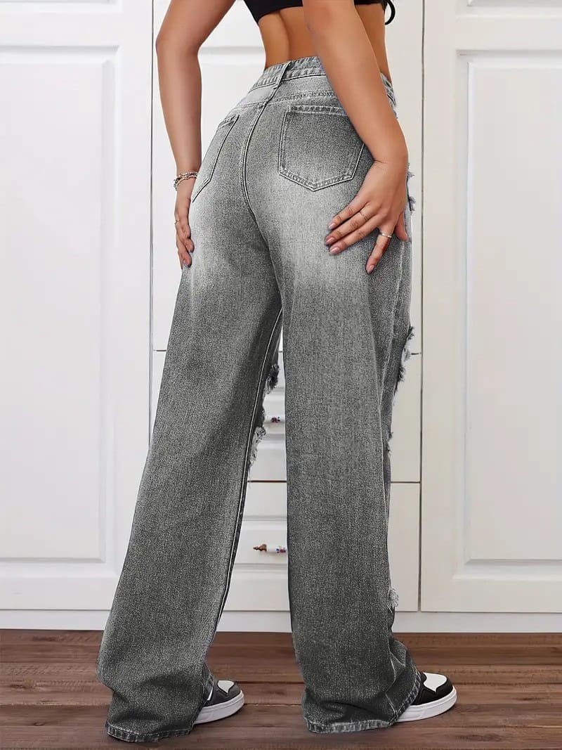 Retro distressed washed high-waisted straight leg jeans