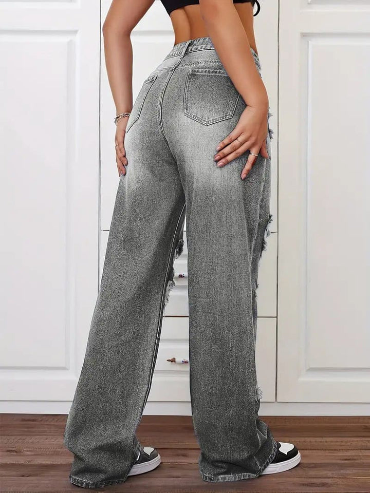 Retro distressed washed high-waisted straight leg jeans