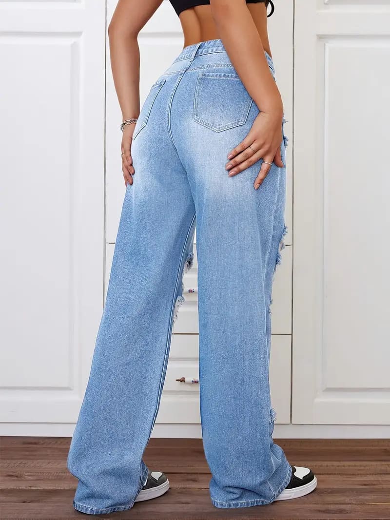 Retro distressed washed high-waisted straight leg jeans