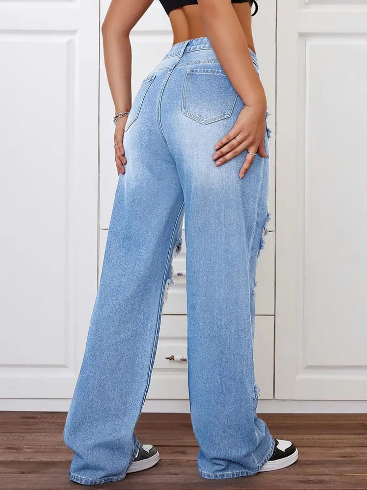 Retro distressed washed high-waisted straight leg jeans