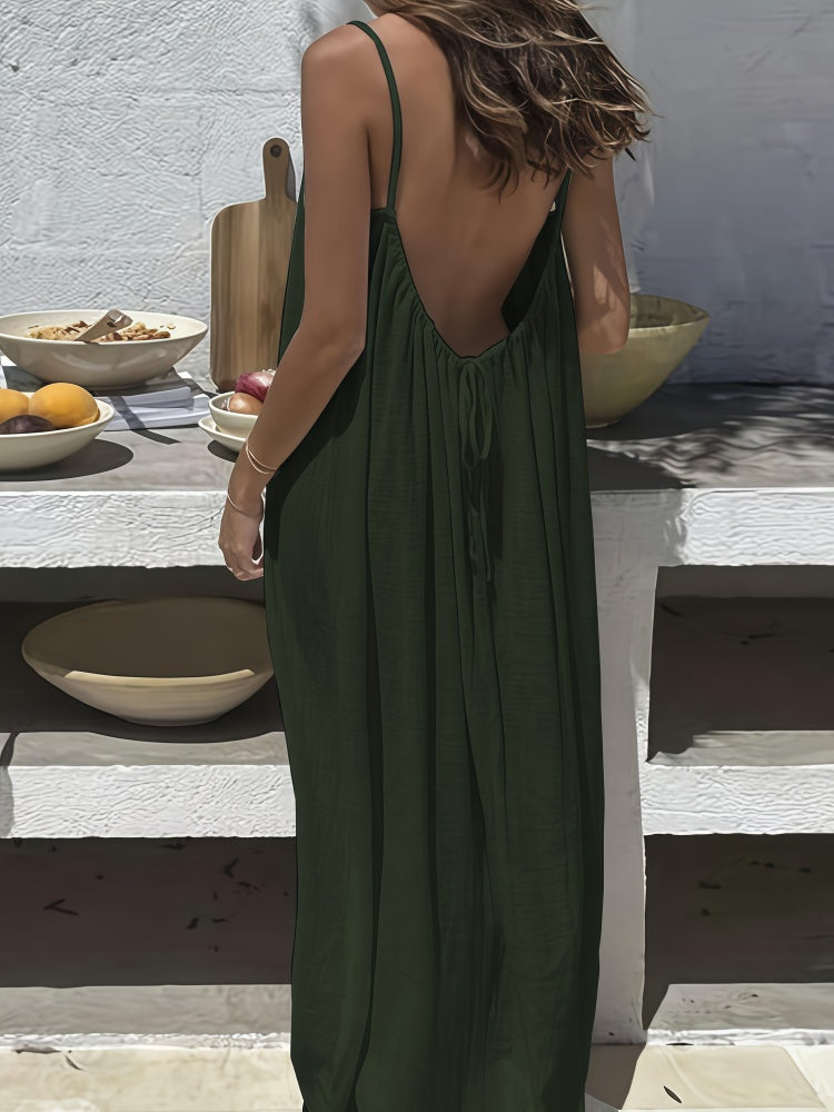 Spaghetti Strap Open Back Pleated Maxi Dress