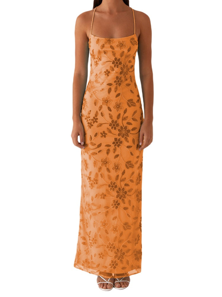 Floral Embroidered Mesh Maxi Dress - Spaghetti Strap Bodycon Evening Gown