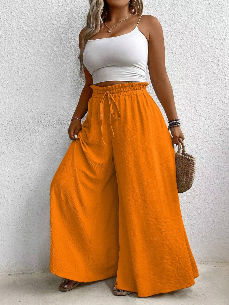 Solid color, loose fit, draped, drawstring wide-leg casual pants
