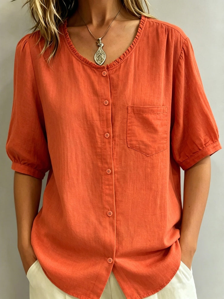 Linen Blend Ruffled Neck Puff Sleeve Button-Down Blouse