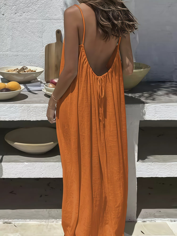 Spaghetti Strap Open Back Pleated Maxi Dress