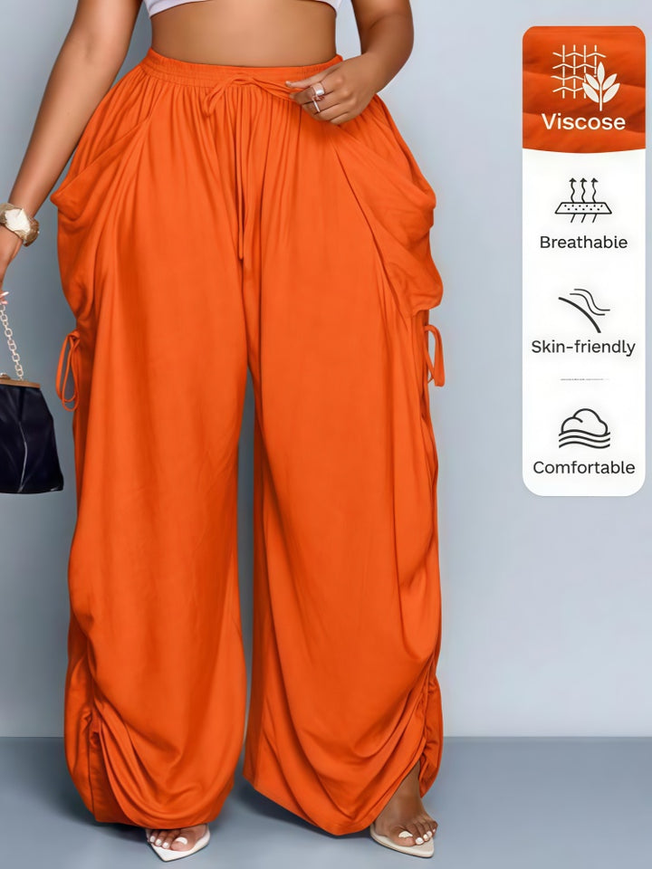 Plus Size Drawstring Ruched Wide Leg Cargo Pants with Pockets