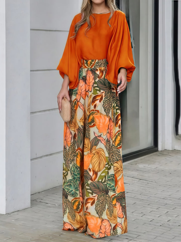 Solid Blouse &amp; Tropical Print Wide Leg Pants Two-Piece Set