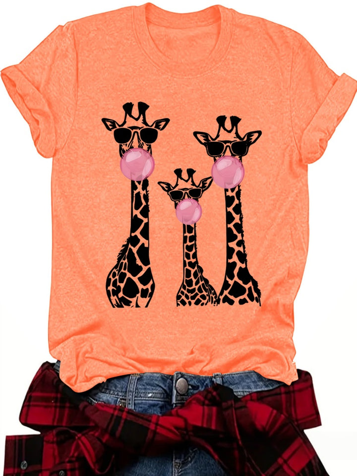 Funny Giraffe Family Bubblegum Print Crew Neck T-Shirt