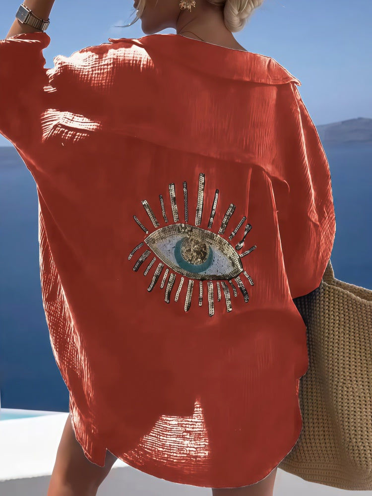 Evil Eye Sequin Print Linen Blend Oversized Shirt
