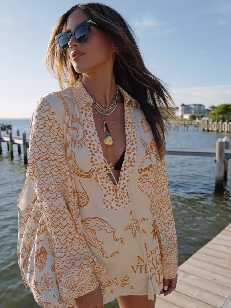 Nautical Print Oversized Shirt &amp; Shorts Set | Satin Beach Cover-Up 2-Piece