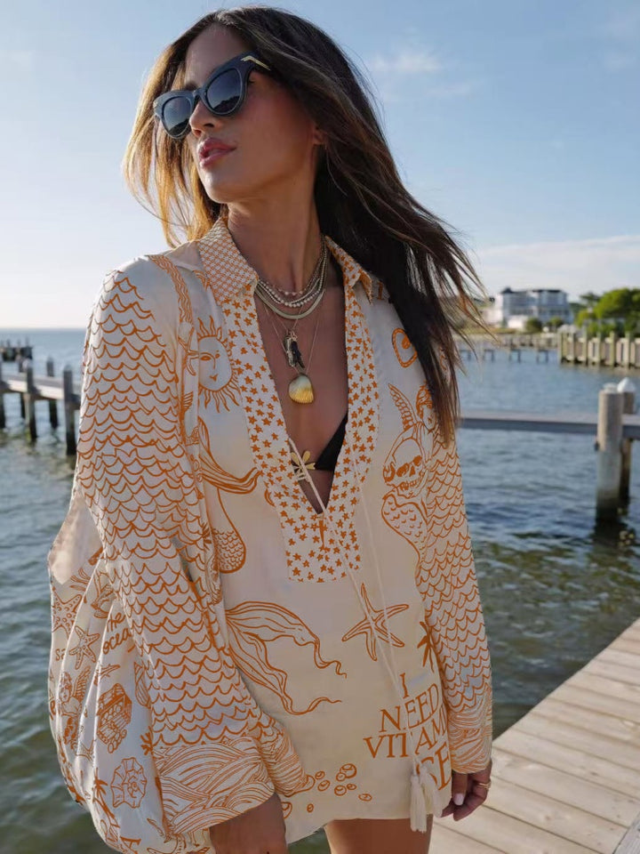 Nautical Print Oversized Shirt &amp; Shorts Set | Satin Beach Cover-Up 2-Piece