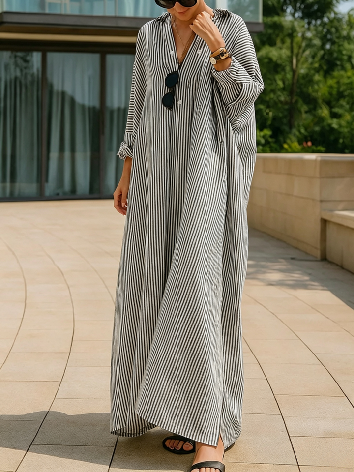 Straight-cut, collared, long-sleeved, striped, loose-fitting long dress