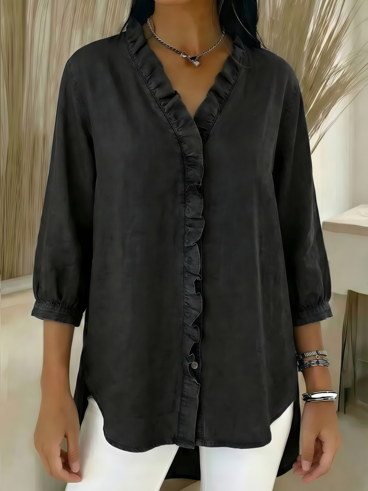 Ruffled V-Neck Denim Button-Down Blouse