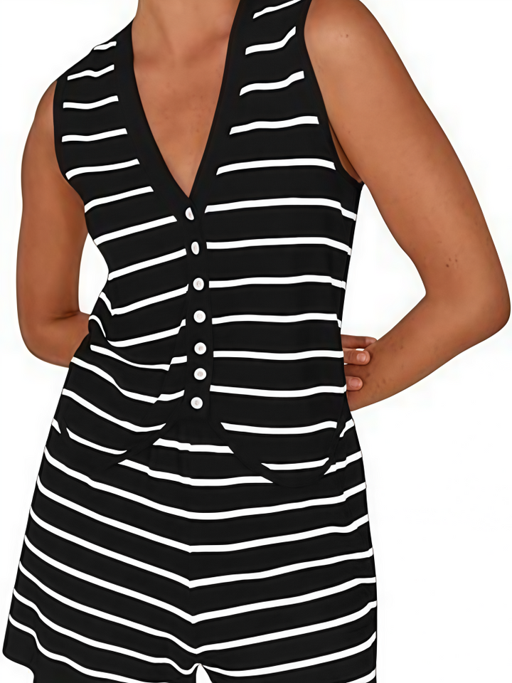 Striped V-Neck Button-Down Sleeveless Top &amp; Shorts Set