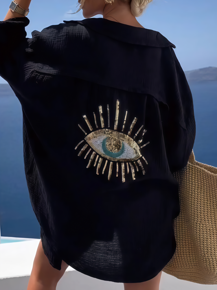 Evil Eye Sequin Print Linen Blend Oversized Shirt