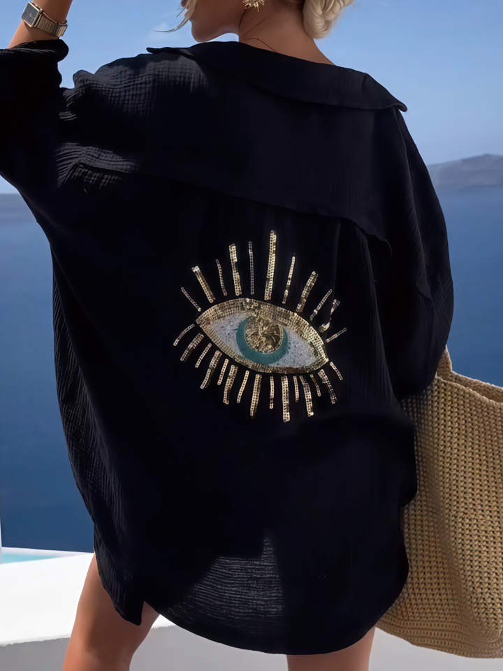 Evil Eye Sequin Print Linen Blend Oversized Shirt