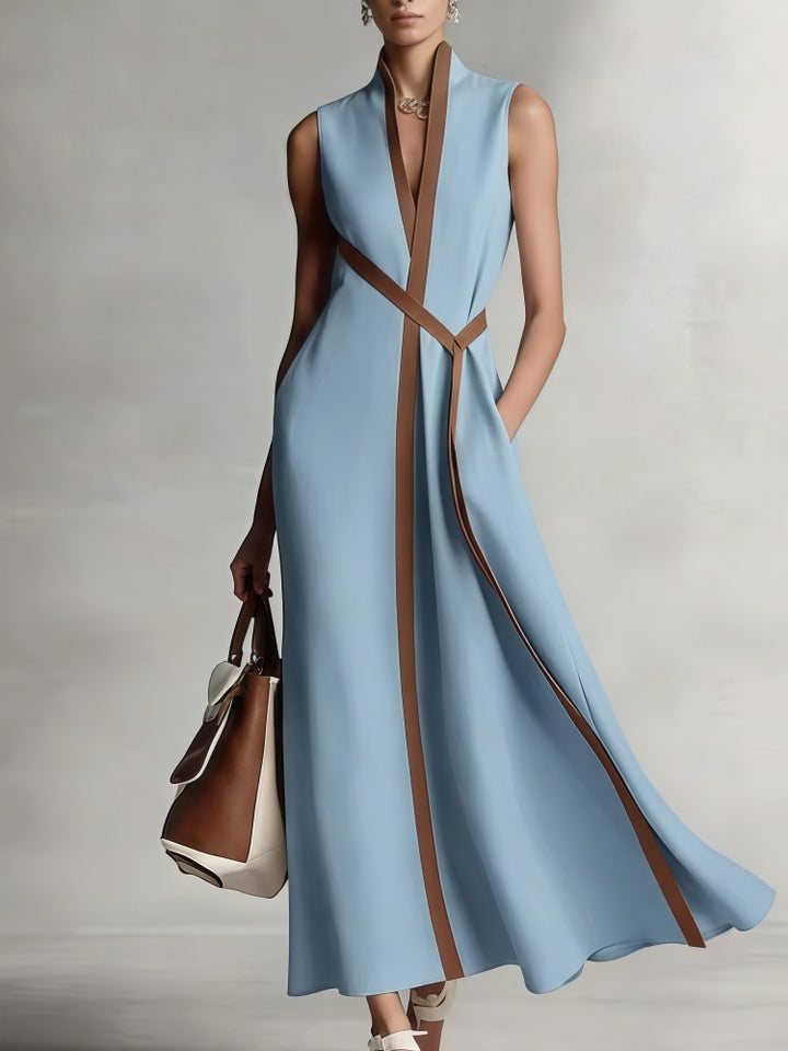 Color Block Linen-Blend Sleeveless Maxi Dress