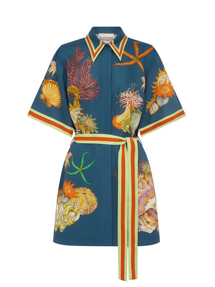 Vintage Marine Print Cotton Linen Shirt Dress - Tie Waist Nautical Mini Dress