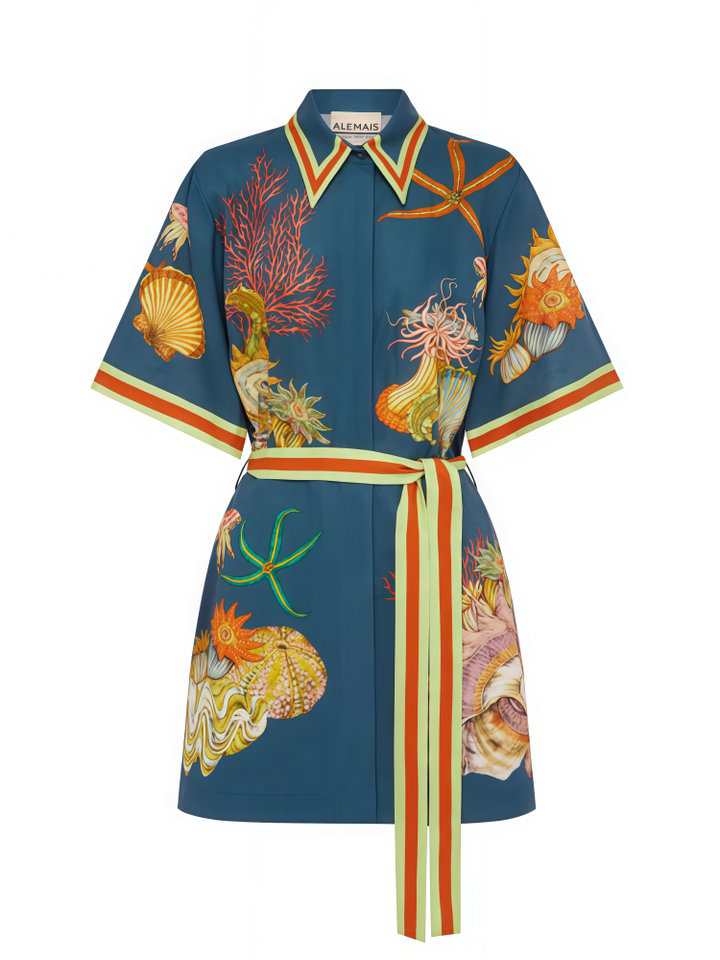 Vintage Marine Print Cotton Linen Shirt Dress - Tie Waist Nautical Mini Dress
