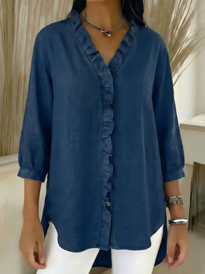 Ruffled V-Neck Denim Button-Down Blouse