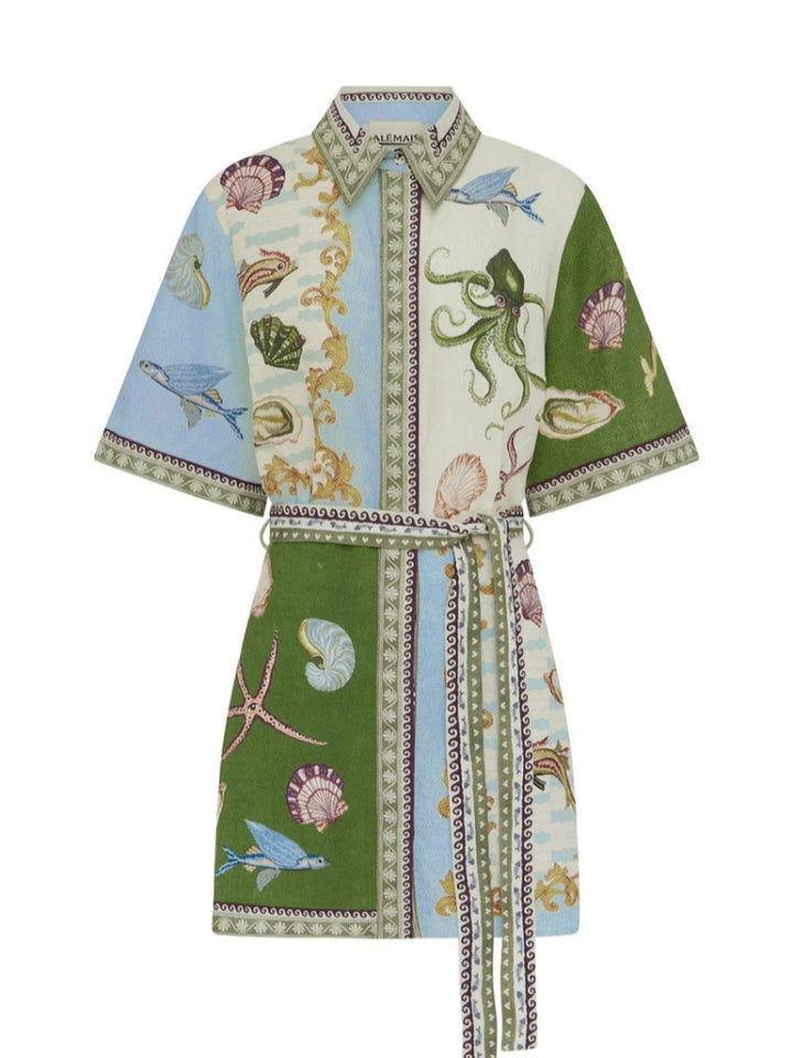 Vintage Marine Print Cotton Linen Shirt Dress - Tie Waist Nautical Mini Dress