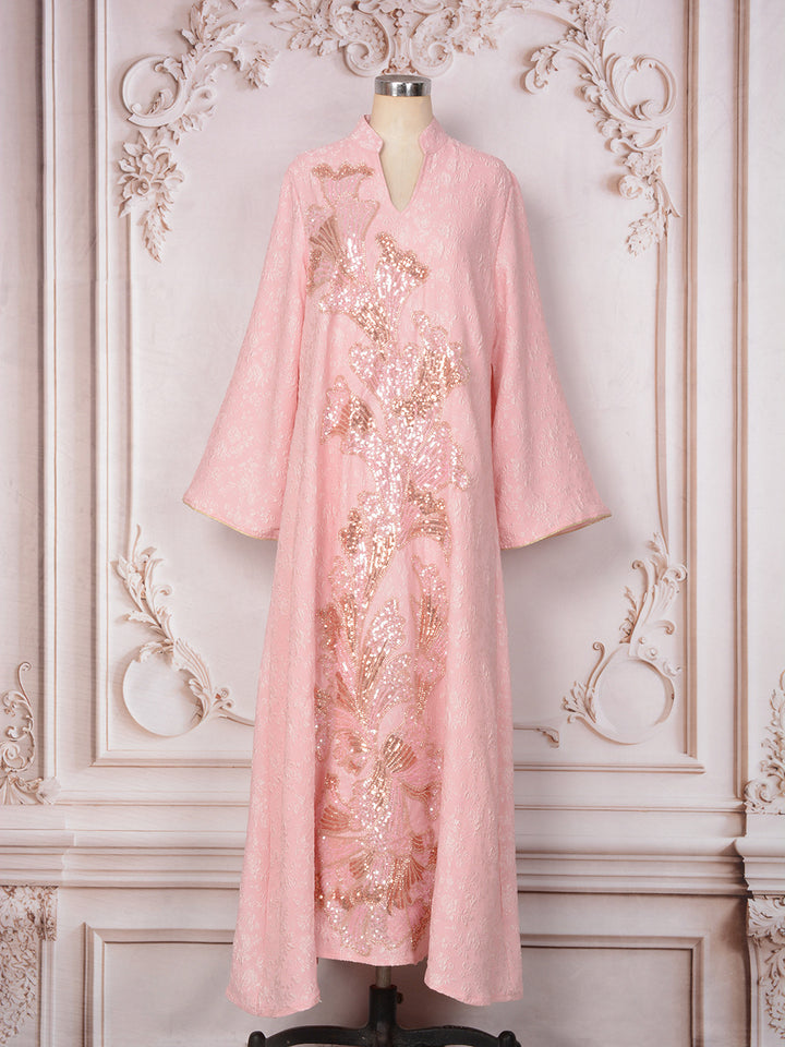 Sequin Embroidered Floral Abaya Maxi Dress