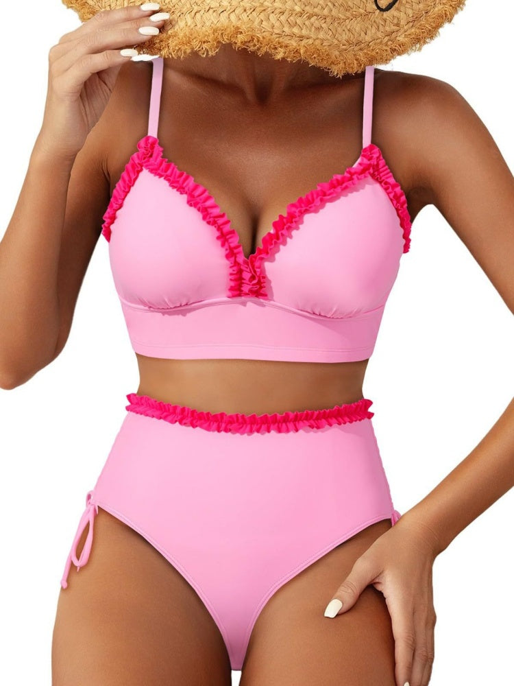 Ruffle Trim Striped High Waisted Bikini Set