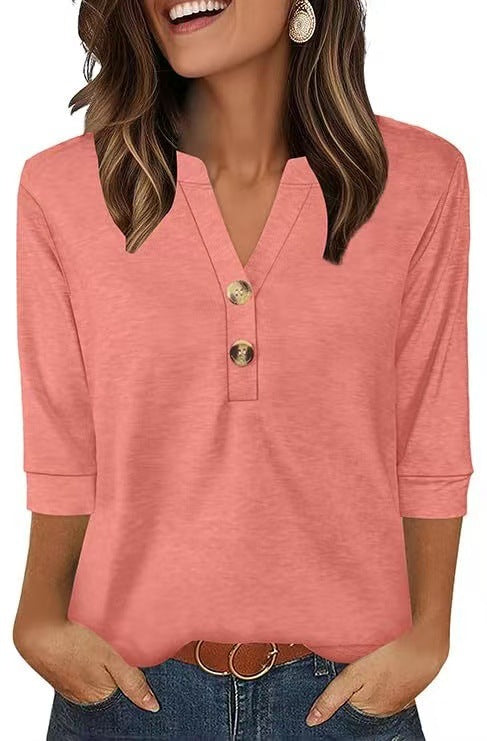 3/4 Sleeve V-Neck Henley Blouse