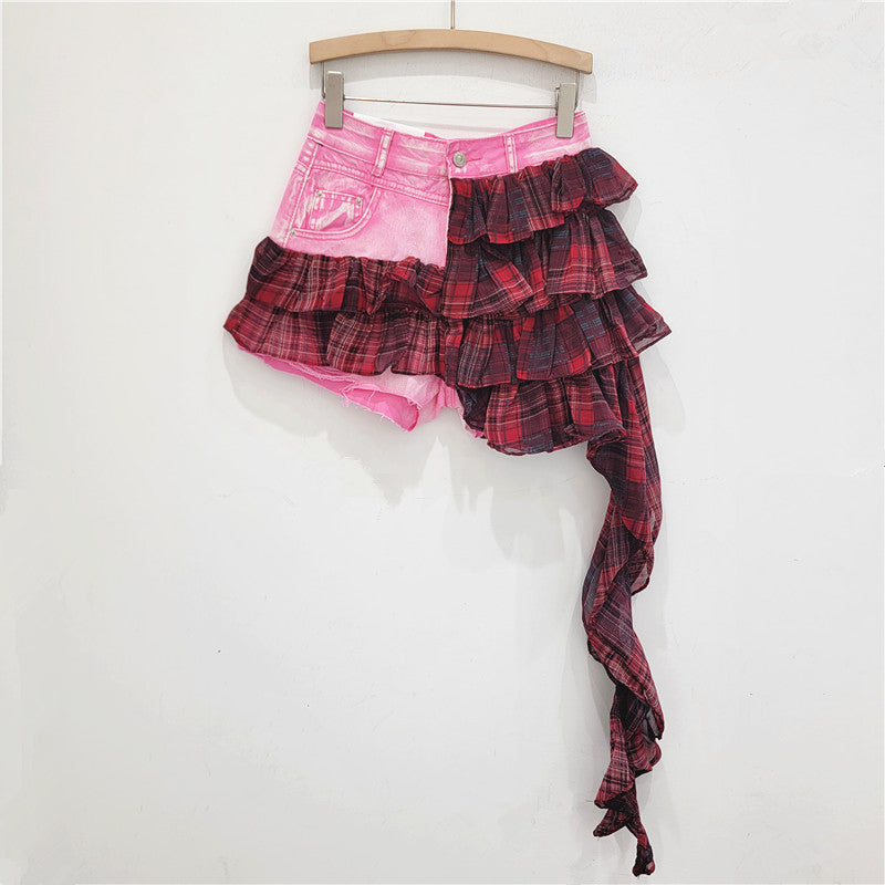 Leopard Print Ruffle Denim Mini Skirt