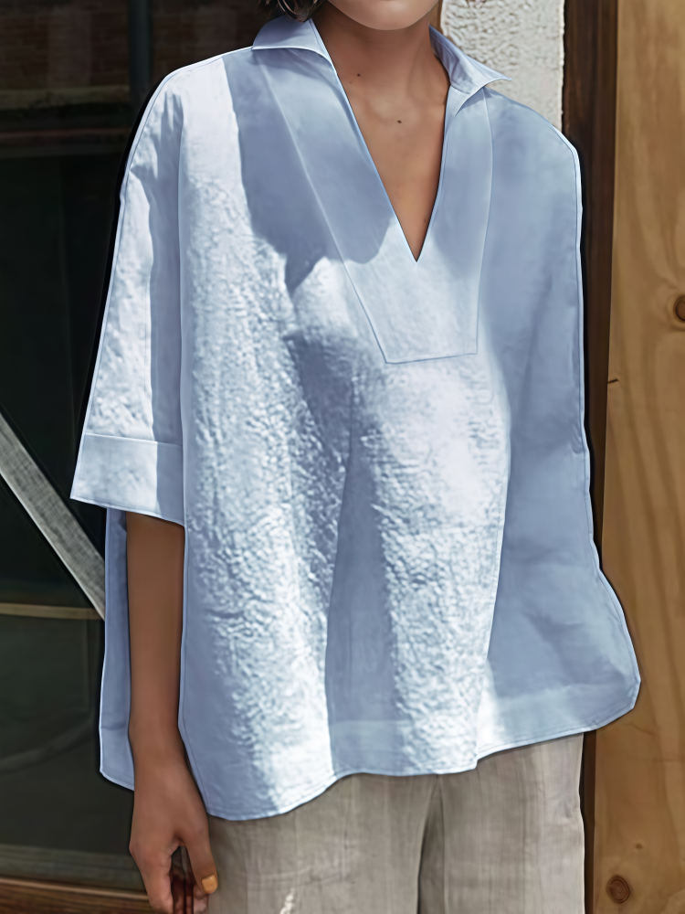 Oversized Linen Blend Collared V-Neck Blouse