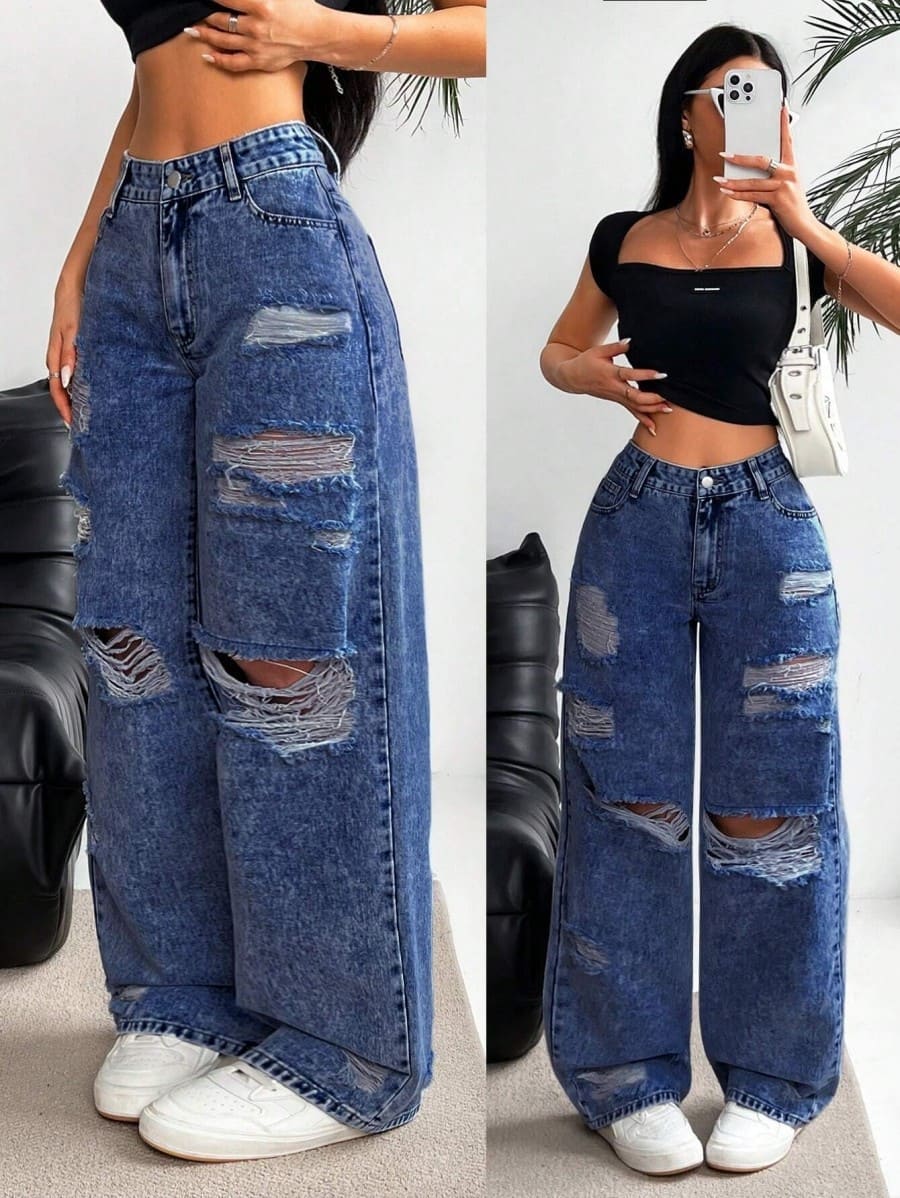 High-waisted straight-leg ripped jeans