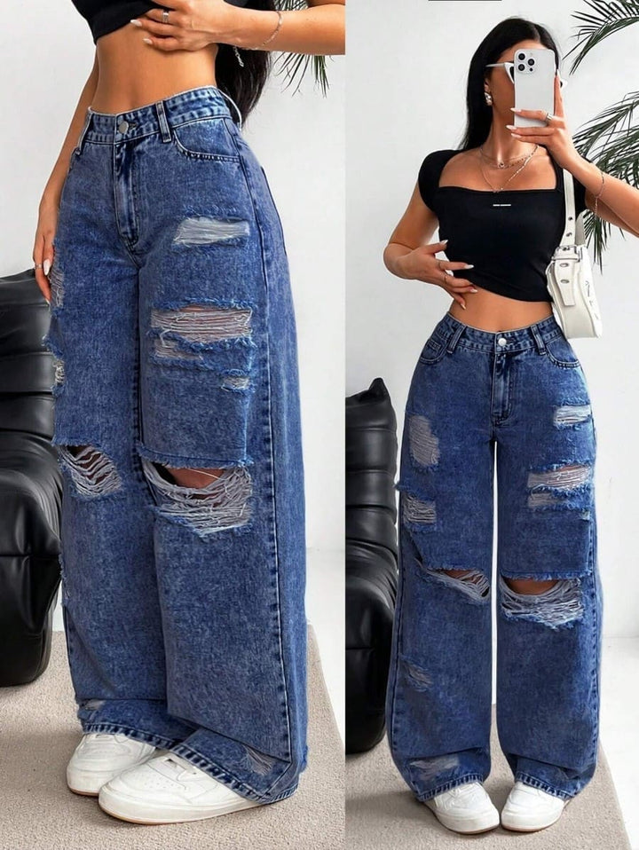 High-waisted straight-leg ripped jeans