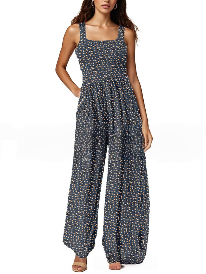 Smocked Square Neck Wide Leg Floral Jumpsuit