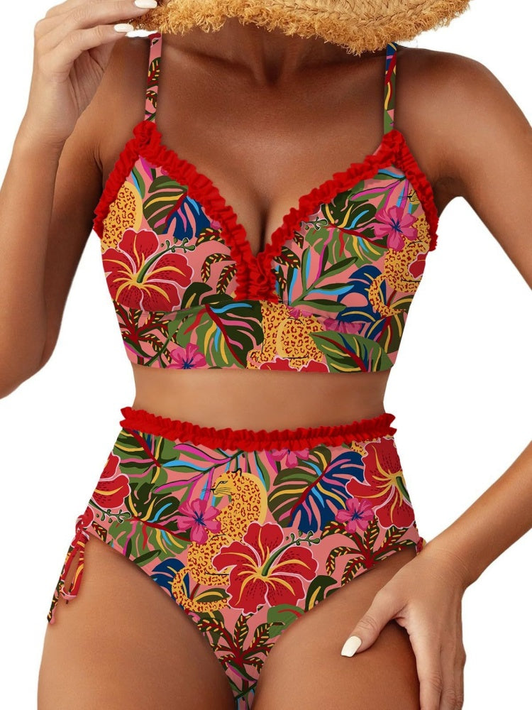 Ruffle Trim Striped High Waisted Bikini Set