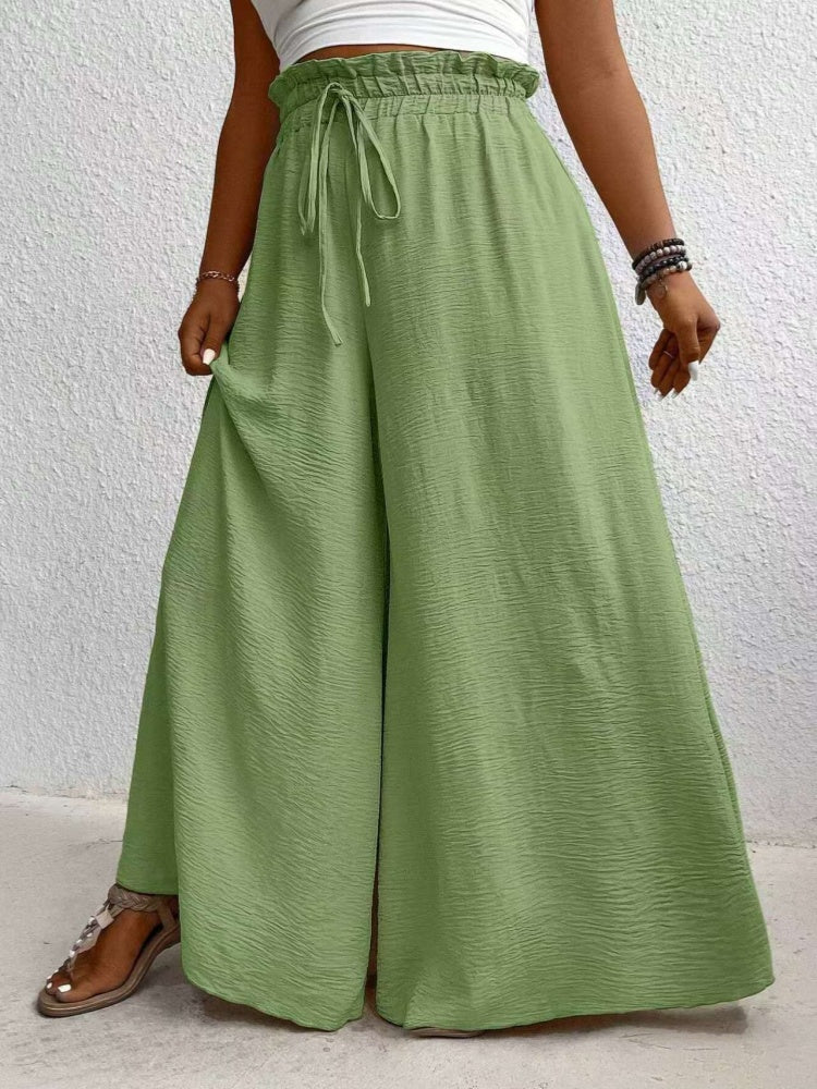 Solid color, loose fit, draped, drawstring wide-leg casual pants