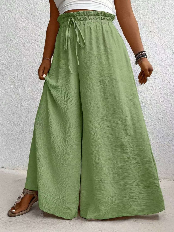 Solid color, loose fit, draped, drawstring wide-leg casual pants